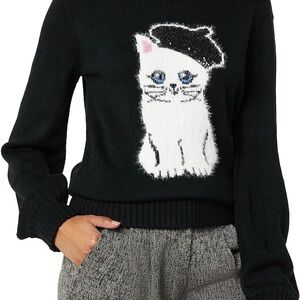 Karl Lagerfeld Black Sweater with White Cat Motif and Sequined Beret
